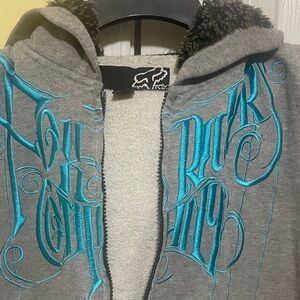 Fox Gray Hoodie with Blue Embroidery